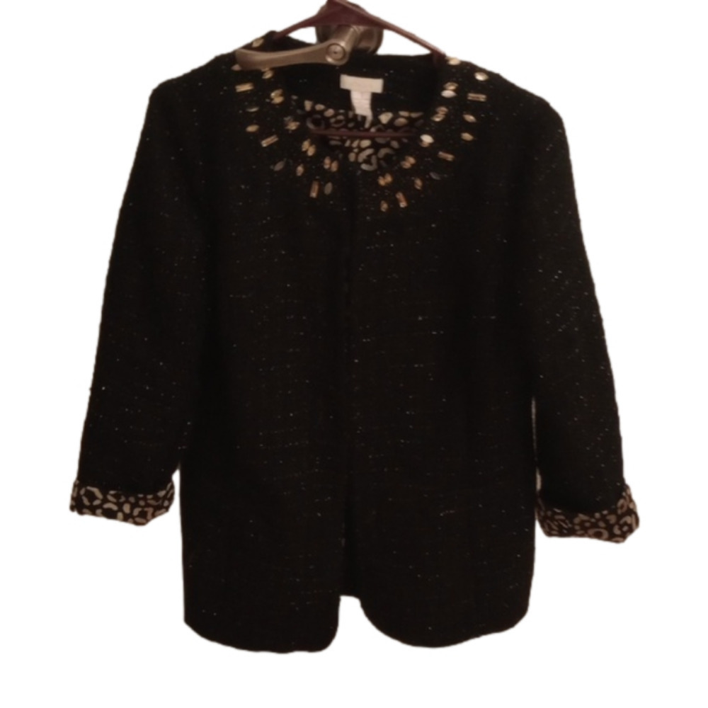 Chico's sparkly blazer jacket with gem neckline and leopard print lining, size 1